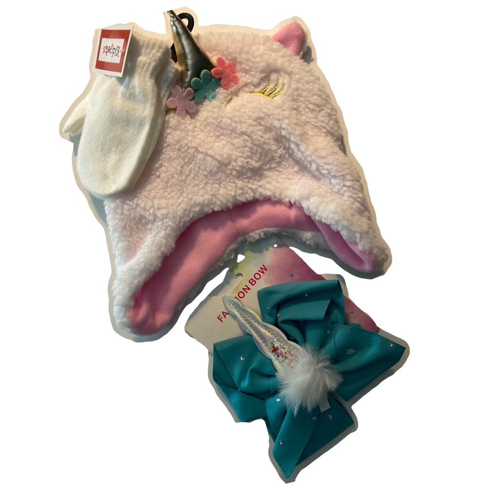 3Pc.Kidgets Girl’s Unicorn Winter Hat & Mitten Set With Hair Bow Clip.